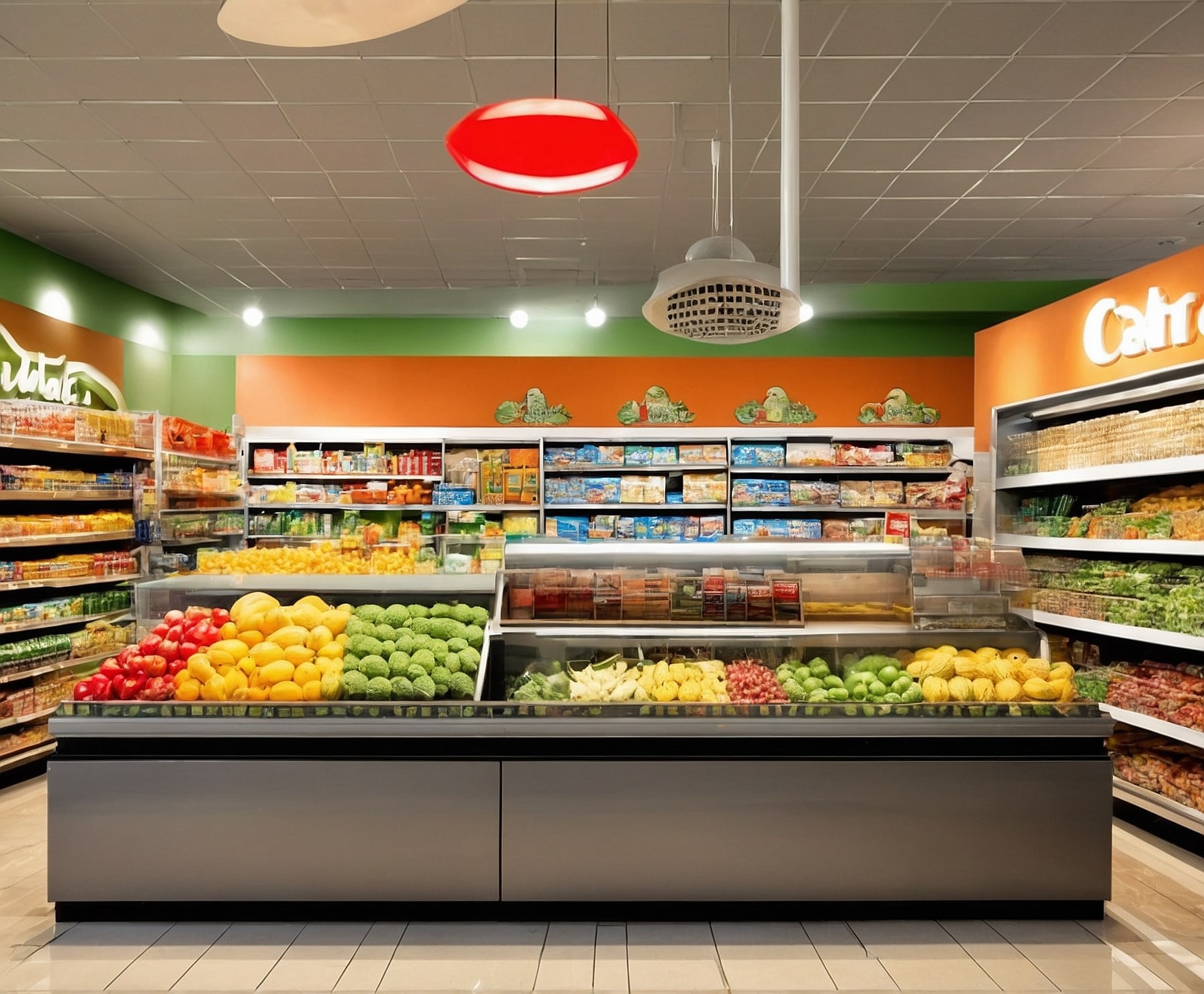Autoservicio en supermercado con productos frescos